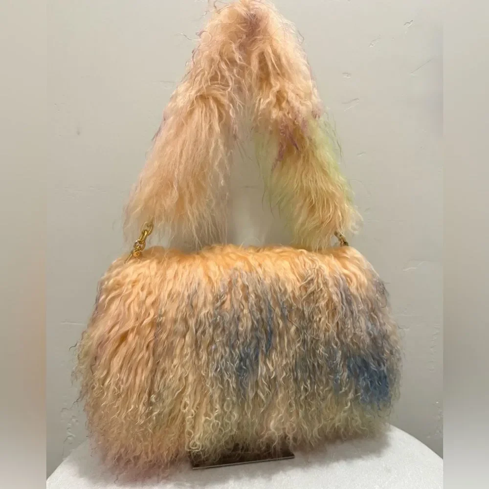Colorful Real Mongolian Lamb Fur Handmade Boho Style, Fold Over Flap Handbag